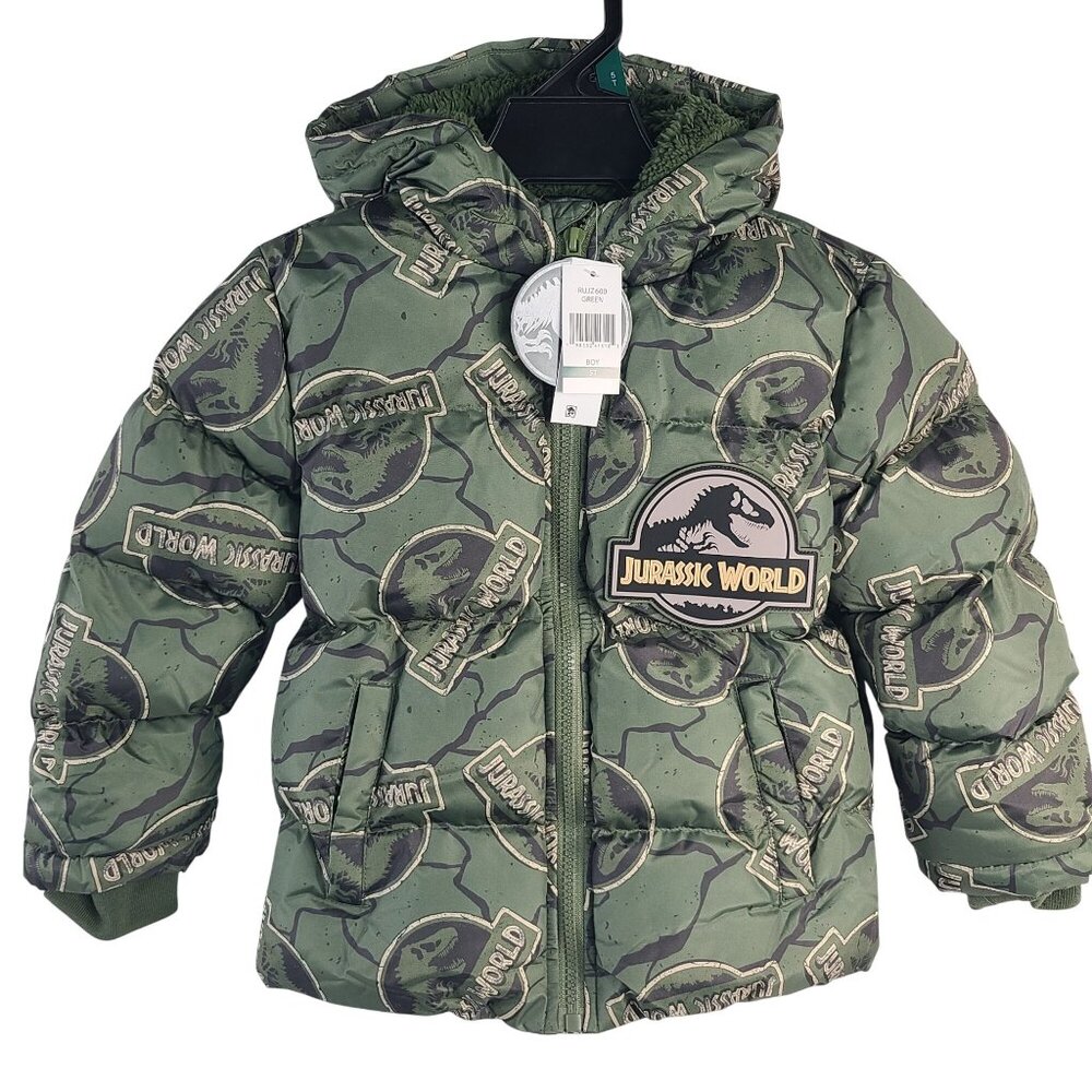 NWT Jurassic World Boys Green Puffer Jacket With Hood Size 5T